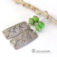 Sterling Silver Earrings with Twig Design & Green Serpentine Stones - Earthy Nature Jewelry