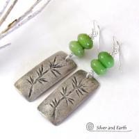 Sterling Silver Earrings with Twig Design & Green Serpentine Stones - Earthy Nature Jewelry