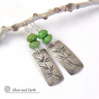 Sterling Silver Earrings with Twig Design & Green Serpentine Stones - Earthy Nature Jewelry