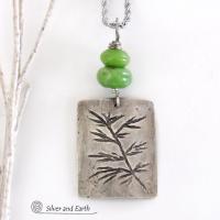 Sterling Silver Necklace with Hand Stamped Twig Design & Green Serpentine Stones - Earthy Nature Jewelry