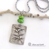 Sterling Silver Necklace with Hand Stamped Twig Design & Green Serpentine Stones - Earthy Nature Jewelry