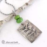 Sterling Silver Necklace with Hand Stamped Twig Design & Green Serpentine Stones - Earthy Nature Jewelry