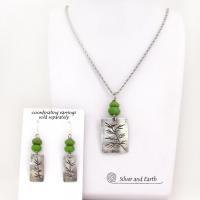 Sterling Silver Necklace with Hand Stamped Twig Design & Green Serpentine Stones - Earthy Nature Jewelry