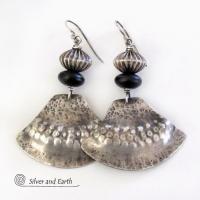 Sterling Silver Earrings with Matte Black & Sterling Silver Beads - Bold Modern Southwestern Style Jewelry