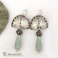 Sterling Silver Earrings with Green Aventurine Gemstones - Unique Bohemian Tribal Jewelry