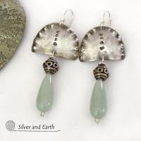 Sterling Silver Earrings with Green Aventurine Gemstones - Unique Bohemian Tribal Jewelry