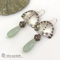 Sterling Silver Earrings with Green Aventurine Gemstones - Unique Bohemian Tribal Jewelry