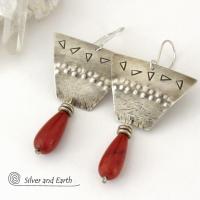 Textured Sterling Silver Earrings with Dangling Red Jasper Stones - Bold Unique Tribal Style Handcrafted Jewelry