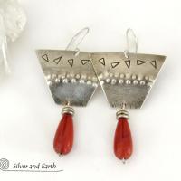 Textured Sterling Silver Earrings with Dangling Red Jasper Stones - Bold Unique Tribal Style Handcrafted Jewelry