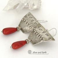 Textured Sterling Silver Earrings with Dangling Red Jasper Stones - Bold Unique Tribal Style Handcrafted Jewelry