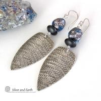 Sterling Silver Tribal Spear Earrings with Multi Colored Blue and Black African Glass Beads