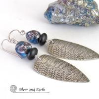 Sterling Silver Tribal Spear Earrings with Multi Colored Blue and Black African Glass Beads