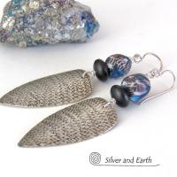 Sterling Silver Tribal Spear Earrings with Multi Colored Blue and Black African Glass Beads