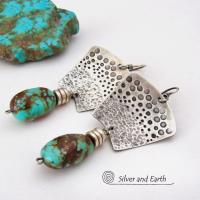 Hand Stamped Sterling Silver & Natural Turquoise Earrings - Bold Modern Southwest Style Handcrafted Jewelry 