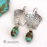 Hand Stamped Sterling Silver & Natural Turquoise Earrings - Bold Modern Southwest Style Handcrafted Jewelry 