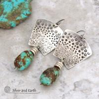 Hand Stamped Sterling Silver & Natural Turquoise Earrings - Bold Modern Southwest Style Handcrafted Jewelry 