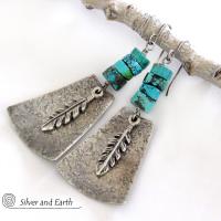 Sterling Silver Earrings with Turquoise and Feathers - Modern Southwest Style Jewelry