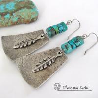 Sterling Silver Earrings with Turquoise and Feathers - Modern Southwest Style Jewelry