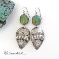 Sterling Silver Earrings with Natural Turquoise Stones - Tribal Southwestern Style Jewelry