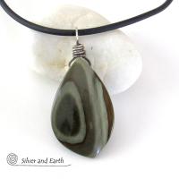 Banded Agate Stone Necklace with Sterling Silver - Minimalist Style Earthy Natural Stone Jewelry 