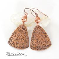 Textured Copper Dangle Earrings with Satin Brushed Copper Beads - Hand Forged Modern Metal Jewelry