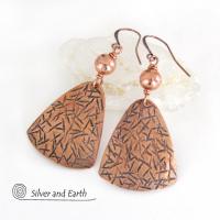 Textured Copper Dangle Earrings with Satin Brushed Copper Beads - Hand Forged Modern Metal Jewelry