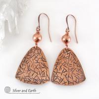 Textured Copper Dangle Earrings with Satin Brushed Copper Beads - Hand Forged Modern Metal Jewelry