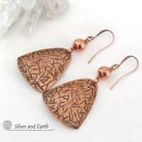 Textured Copper Dangle Earrings with Satin Brushed Copper Beads - Hand Forged Modern Metal Jewelry