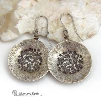 Bold, earthy and modern - these sterling silver dangle earrings are perfect for everyday wear. A classic staple for every jewelry lover's wardrobe - because they go with everything! Handcrafted entirely in solid sterling silver. I created the shapes out of sterling silver sheet; hammered and stamped the metal to create the rustic, organic texture; then oxidized them to enhance the detail. Handmade in the USA by Silver and Earth Jewelry.