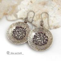 Bold, earthy and modern - these sterling silver dangle earrings are perfect for everyday wear. A classic staple for every jewelry lover's wardrobe - because they go with everything! Handcrafted entirely in solid sterling silver. I created the shapes out of sterling silver sheet; hammered and stamped the metal to create the rustic, organic texture; then oxidized them to enhance the detail. Handmade in the USA by Silver and Earth Jewelry.