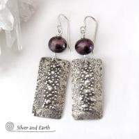Sterling Silver Rectangle Earrings with Dark Bronze Pearls - Rustic Earthy Organic Artisan Silver Jewelry
