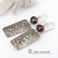 Sterling Silver Rectangle Earrings with Dark Bronze Pearls - Rustic Earthy Organic Artisan Silver Jewelry