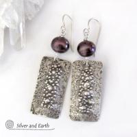 Sterling Silver Rectangle Earrings with Dark Bronze Pearls - Rustic Earthy Organic Artisan Silver Jewelry