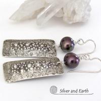 Sterling Silver Rectangle Earrings with Dark Bronze Pearls - Rustic Earthy Organic Artisan Silver Jewelry