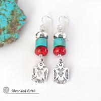 Silver Thunderbird Earrings with Turquoise & Red Coral - Boho Southwestern Jewelry 