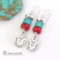 Silver Thunderbird Earrings with Turquoise & Red Coral - Boho Southwestern Jewelry 