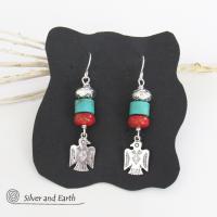 Silver Thunderbird Earrings with Turquoise & Red Coral - Boho Southwestern Jewelry 