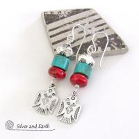 Silver Thunderbird Earrings with Turquoise & Red Coral - Boho Southwestern Jewelry 