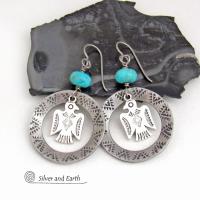 Thunderbird Silver Pewter Hoop Earrings with Blue Turquoise Stones - Handmade Southwestern Style Jewelry