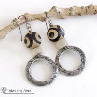 Hammered Silver Pewter Circle Hoop Earrings with Tibetan Agate Stones & African Glass Beads - Boho Tribal Ethnic African Jewelry 