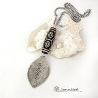 Black And White Tibetan Agate Sterling Silver Necklace - Bold Ethnic Bohemian Style Jewelry 