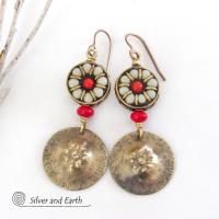 Tibetan Bead Earrings with Gold Brass Dangles & Red Coral - Bold Exotic Ethnic Tribal Style Statement Jewelry