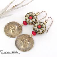 Tibetan Bead Earrings with Gold Brass Dangles & Red Coral - Bold Exotic Ethnic Tribal Style Statement Jewelry