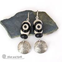 Sterling Silver Earrings with Black & White Tibetan Eye Agate Stones - Ethnic Tribal Style Jewelry