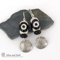 Sterling Silver Earrings with Black & White Tibetan Eye Agate Stones - Ethnic Tribal Style Jewelry