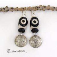 Sterling Silver Earrings with Black & White Tibetan Eye Agate Stones - Ethnic Tribal Style Jewelry