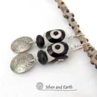 Sterling Silver Earrings with Black & White Tibetan Eye Agate Stones - Ethnic Tribal Style Jewelry