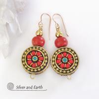 Tibetan Brass Earrings with Red Coral Inlaid Beads - Bold Exotic Bohemian Ethnic Style Jewelry