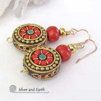 Tibetan Brass Earrings with Red Coral Inlaid Beads - Bold Exotic Bohemian Ethnic Style Jewelry