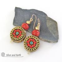 Tibetan Brass Earrings with Red Coral Inlaid Beads - Bold Exotic Bohemian Ethnic Style Jewelry